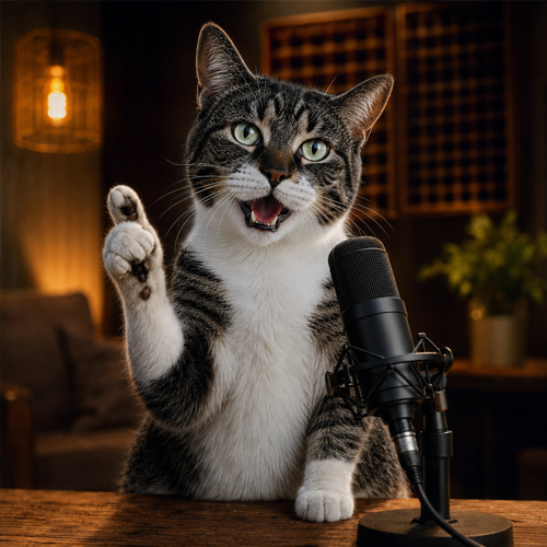 Talking Cat raising a paw at sunset