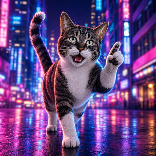 Talking Cat walking a neon city street