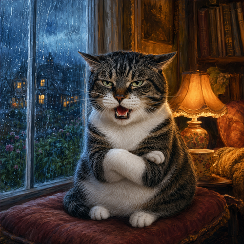 Talking Cat grumpy by a rainy window
