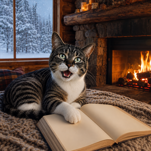 Talking Cat reading a book by the fire